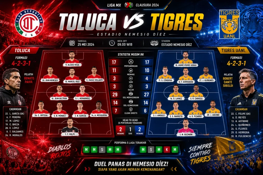 Statistik dan Susunan Pemain Toluca vs Tigres